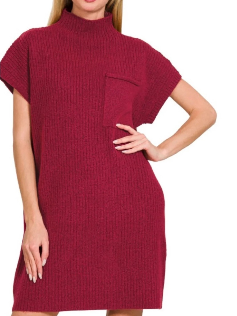 Zenana Mock-Neck Ribbed Mini Dress in Red